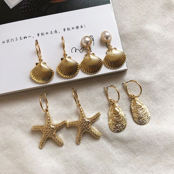 

gaku new metal style ocean wind holiday starfish shell pearl earrings vintage ear stud trendy ear pendant, Golden;silver