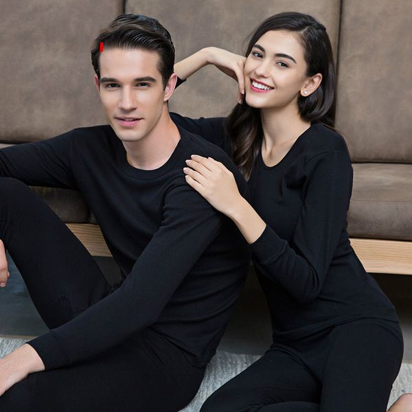 

men's thermal underwear lovers set for autumn and winter pure cotton round neck bottoming clothes long pants, Black;white