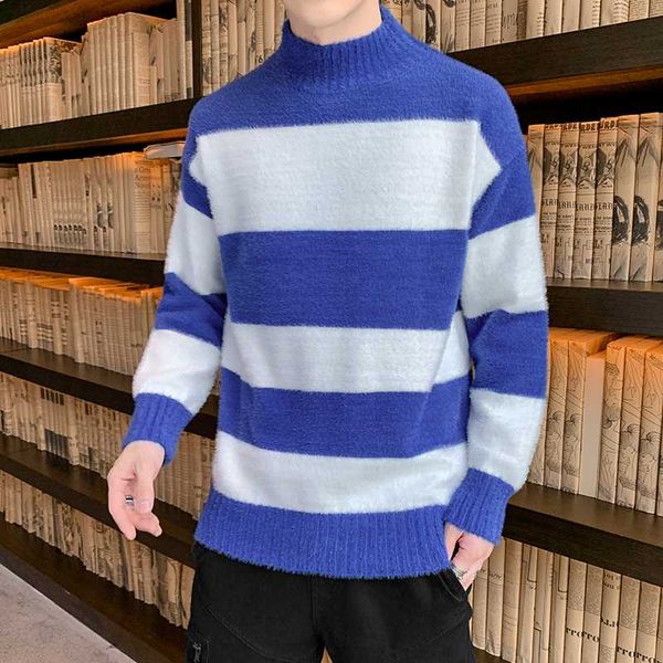 

autumn winter men's sweater half high collar striped knittwear mens sweaters pullovers men imitation mink homme -3xl, White;black