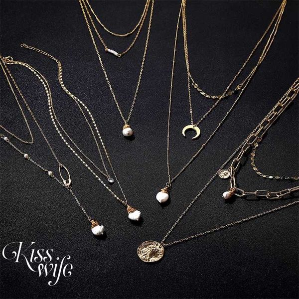 

kisswife new luxury temperament pearl pendant necklace for women multi-layer choker necklace 2020 fashion jewelry gift, Silver
