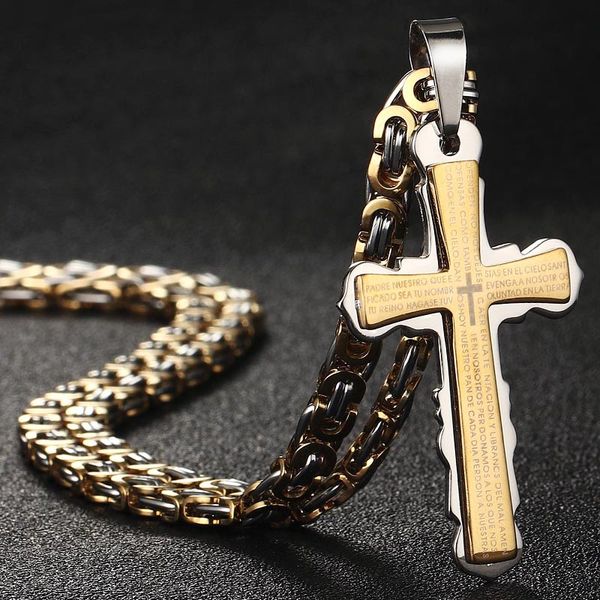 

men catholic spanish bible cross pendant necklaces stainless steel byzantine link chain necklaces jewelry collar de hombre, Silver