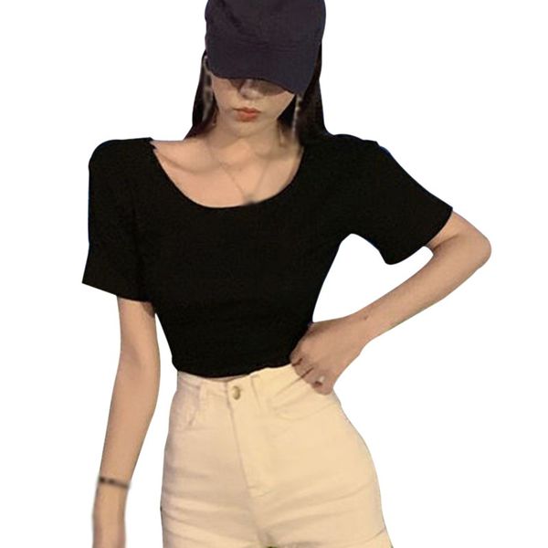 

women's t-shirt t-shirts solid color female round neck tie halter all-match short sleeves comfortable femmes, White