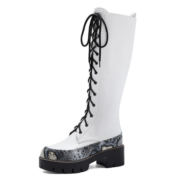 

boots snake-print color-blocking pu thick-soled knee-length with cross-lacing inner plush platform python-print edging, Black