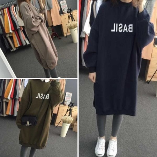 

autumn and winter side fork plus velvet mid-length loose student round pullover pullover pullovercoat pulloverneck long sleeve sweater coat, Black