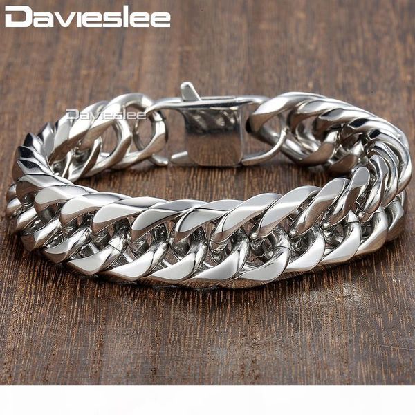 

davieslee 15mm men's bracelet silver color curb cuban link 316l stainless steel wristband male jewelry dlhb289, Black