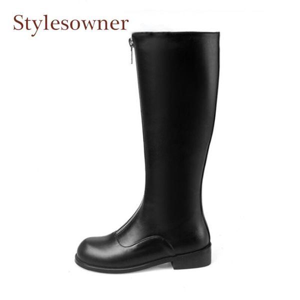 

genuine leather women knee-high boots front zipper square low heel knight boots fashion cozy women fashion shoe, Black
