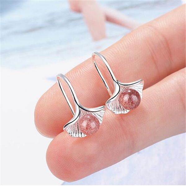 

new natural creative ginkgo biloba strawberry crystal 925 sterling silver jewelry pink ear hook design dangle earrings se829