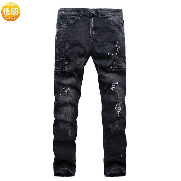 

men's jeans autumn and winter slim youth wear small hole pants large long, Blue