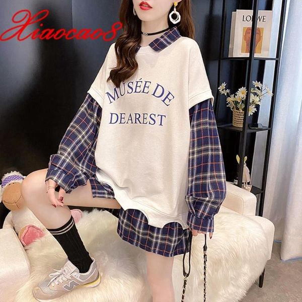 

women's hoodies & sweatshirts oversized plaid pathcwork sweatshirt women letter long sleeve shirt femme turn-down collar pullovers for, Black