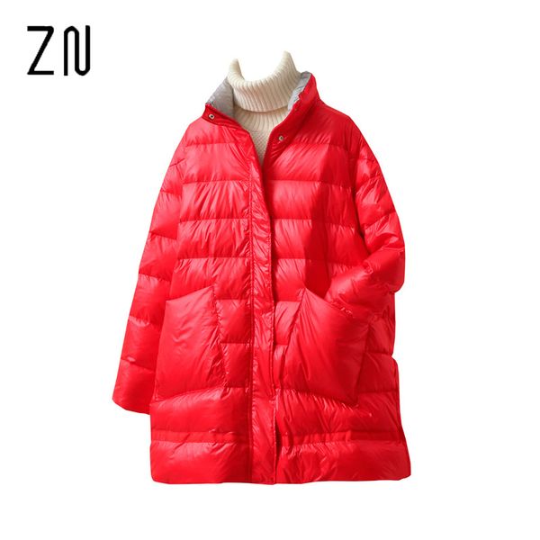 

зима теплая ultra light белый утка вниз куртки женщины свободный стенд воротник вниз пальто женский parka мода снег пальто и пиджаки, Black