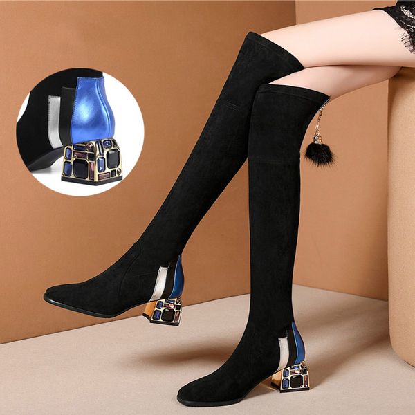 

rhinestone over the knee boots women high heels boots thick black knee winter shoes