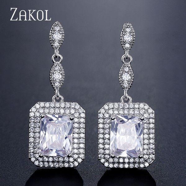

dangle & chandelier zakol romantic cubic zirconia square simple drop earrings for women wedding dinner birthday gift jewelry fsep2319, Silver