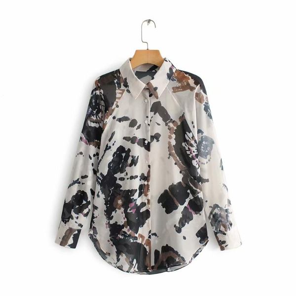 

2020 women vintage ink painting printing casual shirt blouses women long sleeve perspective chic blusas retro ls3980, White