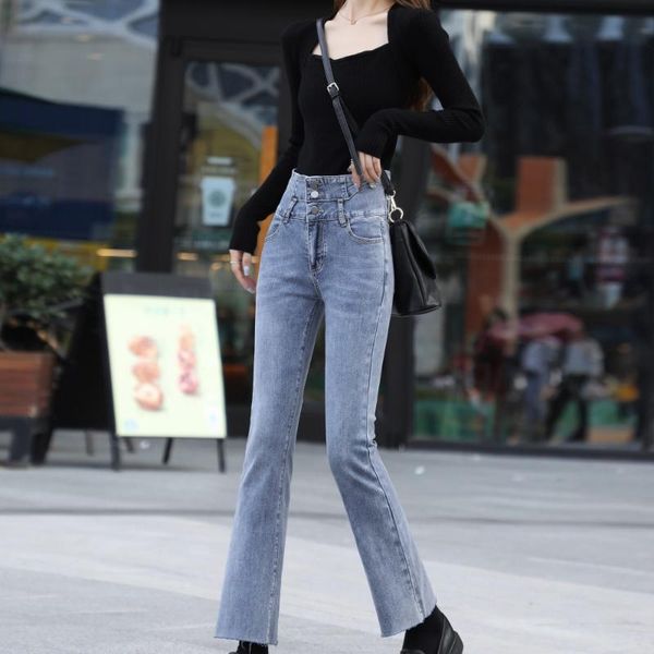 

2020 autumn women new one-breasted high-waisted flared jeans straight slim slimming nine-point jeans, Blue