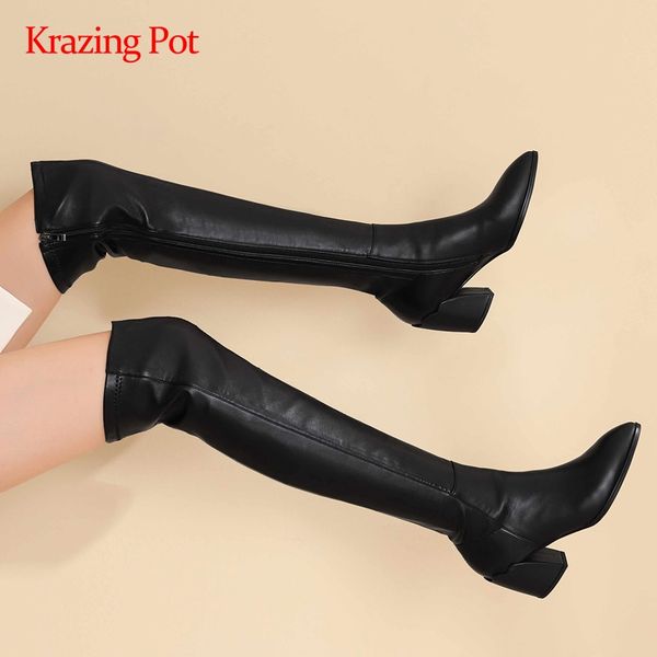 

boots krazing pot equestrian cow leather high street fashion pointed toe thick heel zipper gorgeous over-the-knee l65, Black