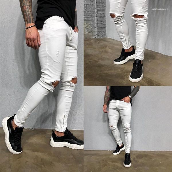 

zipper male casual clothes 2020 mens luxury designer white demin pants hole distrressed long pencil pants, Blue