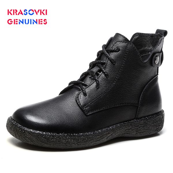 

boots krasovki genuine soft leather for women autumn winter plush fur warm shoes ankle platform, Black