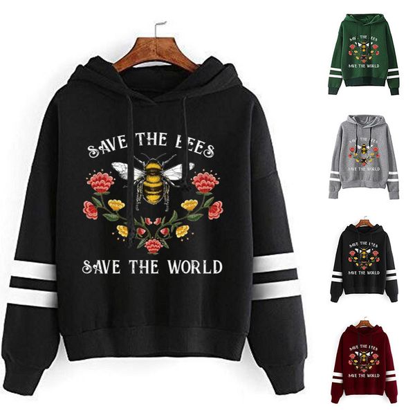 

women hoodie save the bees printed hoodies women double striped long sleeve fleece sweatshirt with hat girls pullovers winter 0916, Black
