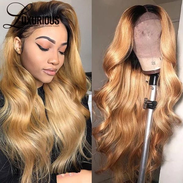 

lace wigs 180 density body wave honey front for women ombre closure wig brazilian remy hair middle part human, Black;brown