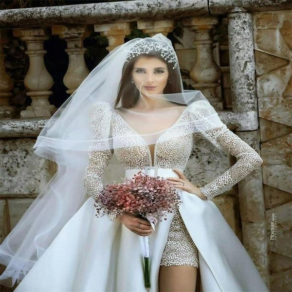 

charming overskirts style wedding dresses 2021 spring summer lace and satin long sleeves bridal gowns saudi arabia vestidos, White
