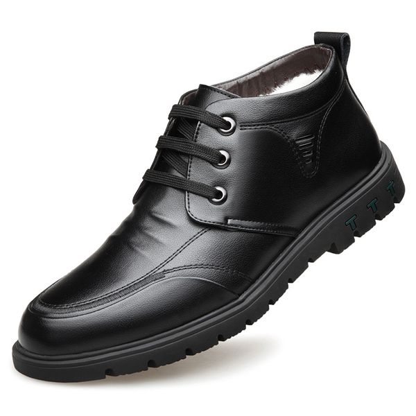 

fashion winter leather boots men dress shoes 2020 non slip fur ankle boots waterproof snow man short plush black