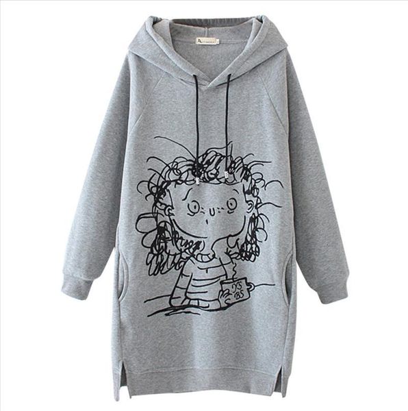 

women long hoodie sweatshirt pullover sweatshirt pullovers dress cartoon print long sleeve splited pockets sudadera mujer#y5, Black