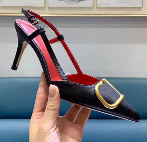 

2020 women high heel sandal classics black 8cm thin heel pointed toe real leather women sandal with dust bag 34-43