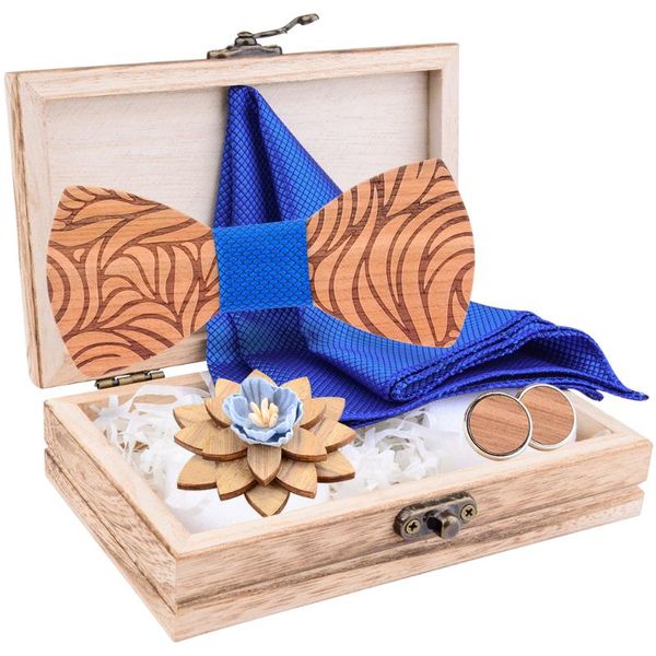 

new 2020s novelty wooden wood bowtie for mens wedding silk pocket square brooch cufflinks set with box suit mens party gifts tie, Blue;purple