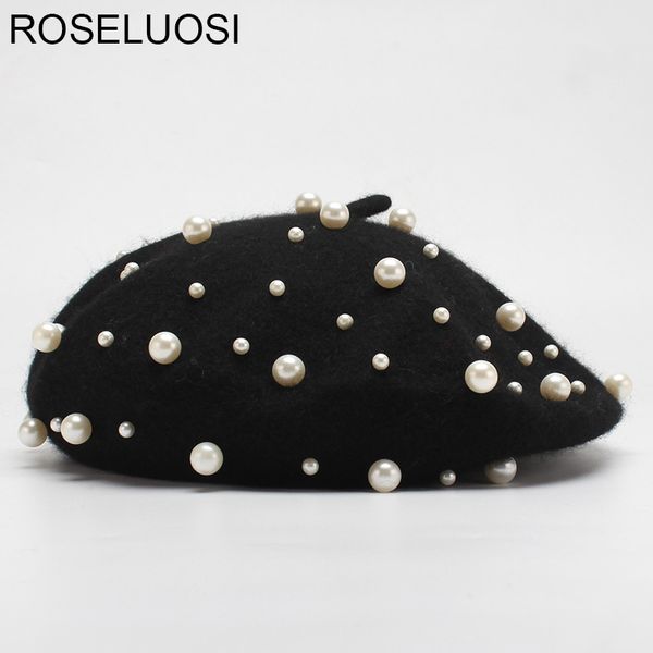 

roseluosi fashion pearl berets hat for women autumn winter 100% wool felt hats beret female bonia gorras, Blue;gray