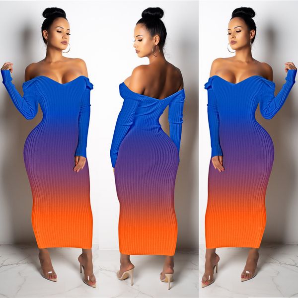 

women knitted ribbed gradient print off shoulder v-neck long sleeve maxi dress bodycon pencil long dresses, Black;gray