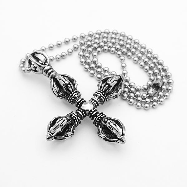 

charm stainless steel hollow cross vajra pestle pendant talisman necklace prayer amulet pendant necklace, Silver
