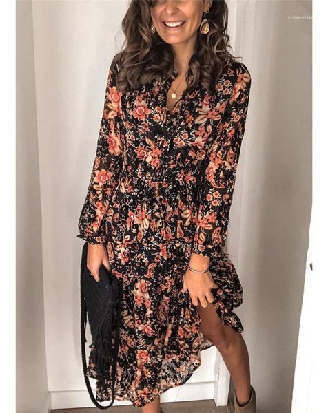 

females clothing floral print womens casual shirt dresses fashion buttons panelled womens designer shirt dresses casual, Black;gray