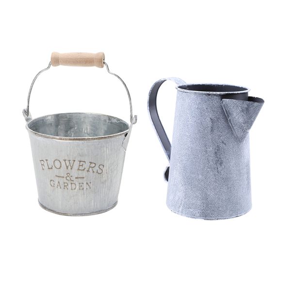 

2 piece shabby chic metal iron flower plant bucket retro planter flowerpot