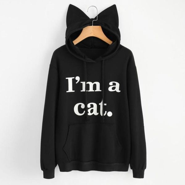 

women sweatshirt cat slogan print cat ear kawaii hoodie sweatshirt 2020 new black print cute pullovers long sleeve casual &120