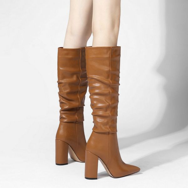 

chunky heel fold boots woman fashion pointed toe knee high boots women faux leather wide boots red white black slouchy bootsmultifunction