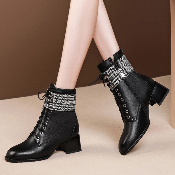 

boots autumn / winter new thick heel short boots round head lace up medium heel short women's shoes, Black