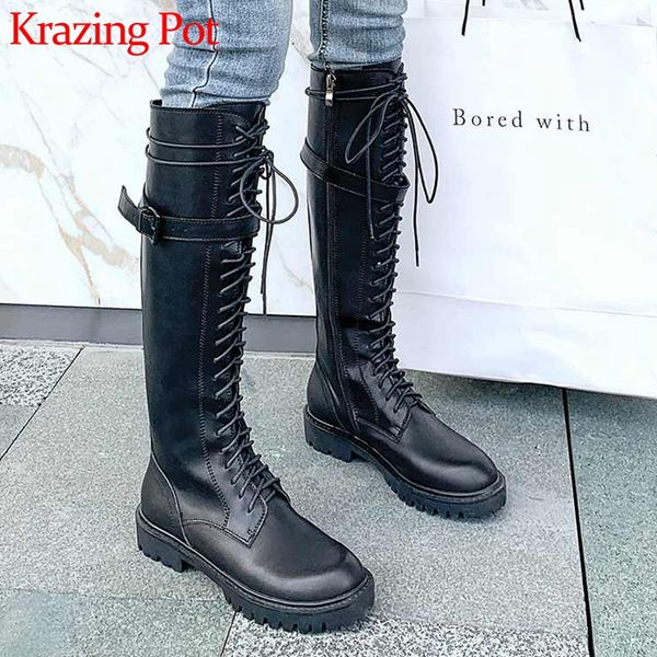 

krazing pot classic streetwear cow leather knight boots round toe med heels solid lace up winter keep warm thigh high boots l68, Black