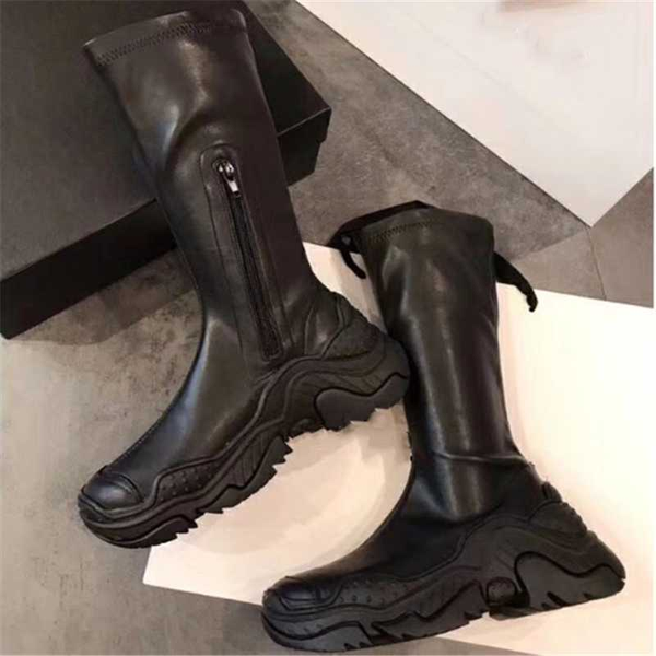 

solid leather boots slip-on mid-tube shoes rubber soft sole shoes platform heighten 2020 casual all-match women boots, Black