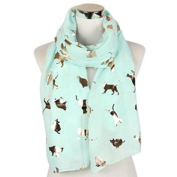 

25# women elegant fashion little cat foil printed scarf wrap silk shawl travel scarves women scarves gold embroidery scarf, Blue;gray