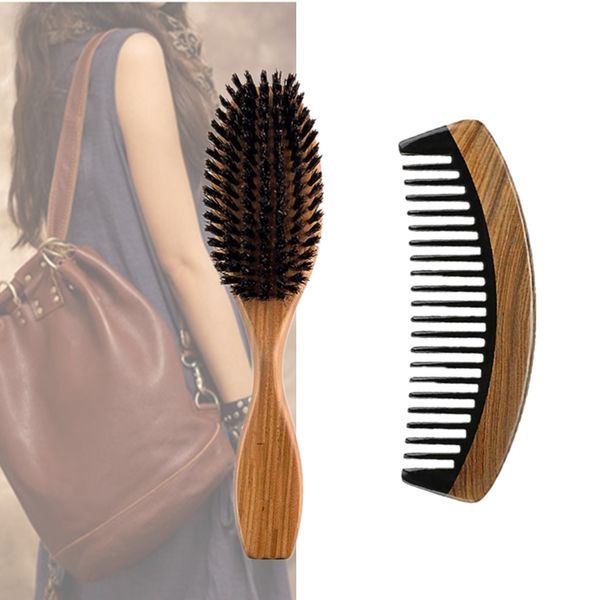 

Vintage Boar Bristle Paddle Hair Brush & Wide Tooth Horn Wood Comb Hair Set Makeup Fashion Styling Detangling Women Curly Hair Wig Clean