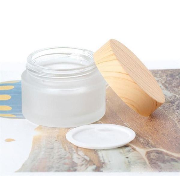 

new frosted glass jar cream bottles round cosmetic jars hand face packing bottles 5g 10g 15g 30g 50g jars with wood grain cover