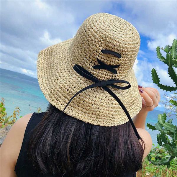 

new women summer sun straw raffia hat wide brim beach hats girl outside travel straw cap casual bow hat, Blue;gray
