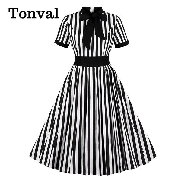 

party dresses tonval bow tie neck striped vintage 50s robe rockabilly pleated dress high waist women elegant black midi, White;black