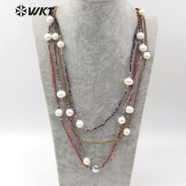 

wt-n1159 colorful beaded necklace 36inch long necklace with pearl charm handmade gift for women, Silver