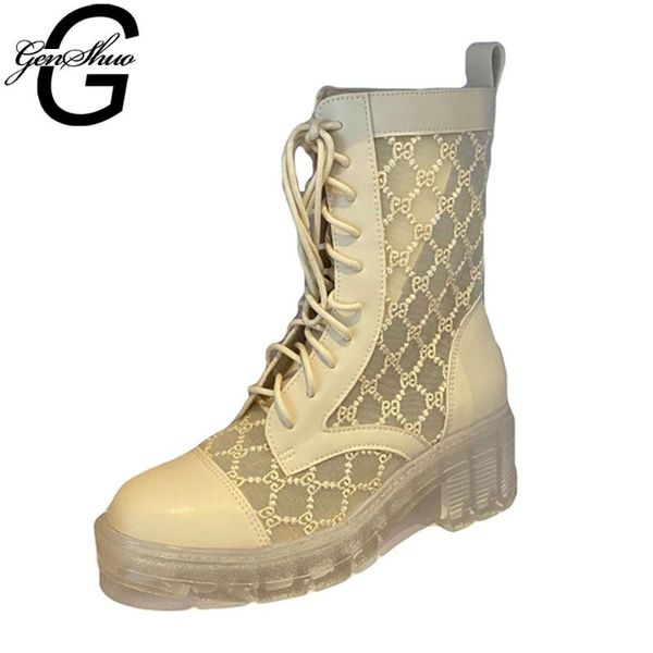 

genshuo autumn spring new fashion mesh thick bottom boots round toe lace up casual sweet girl's mid-calf boots white size 34-40, Black