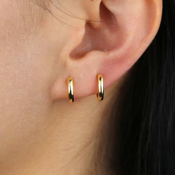 

plain no cz inner diamater 8mm mini small huggie hoop earring vermeil 925 sterling silver minimal multi piercing small hoops, Golden;silver