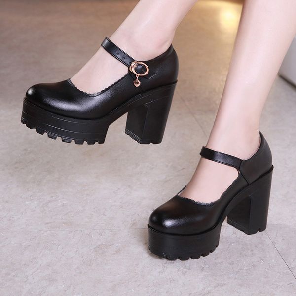 

cheongsam catwalk model shoes round head waterproof platform large thick with muffin thick bottom small size women's shoes shal, Black