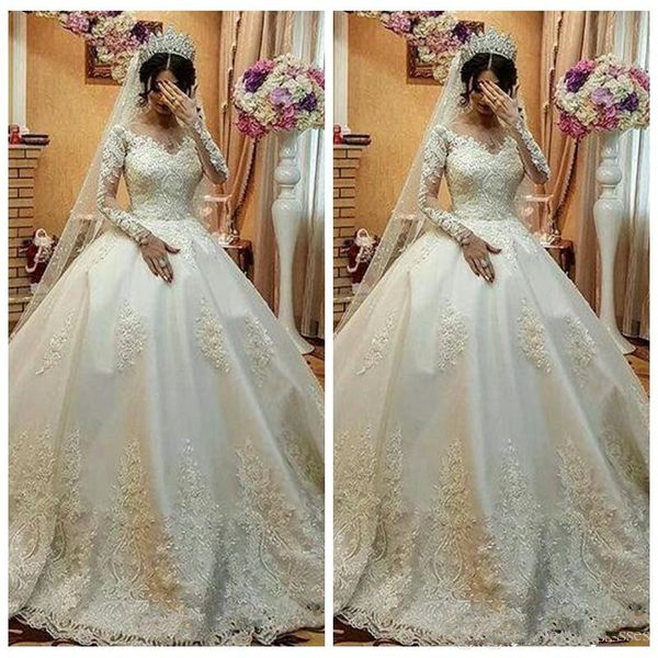 

long sleeves lace appliques a-line wedding dresses modest custom spring bridal gowns formal long robe de marriage plus size vestidos aq194, White