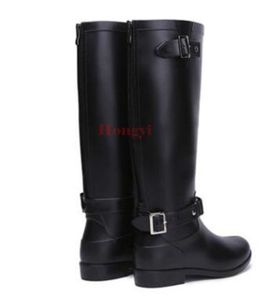 

boots women fashion side buckle platforms wedges rain knee high waterproof flower water shoes woman zipper rainboots, Black