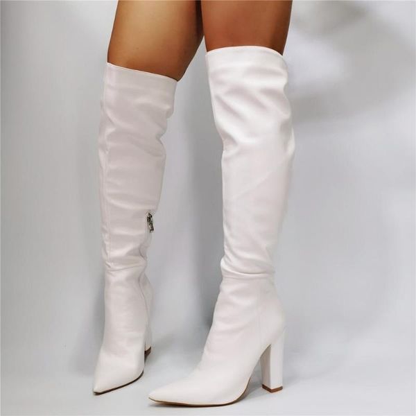 

boots drop woman fashion white color over the knee pointed toe chunky heels thigh high long leather plus size 45, Black